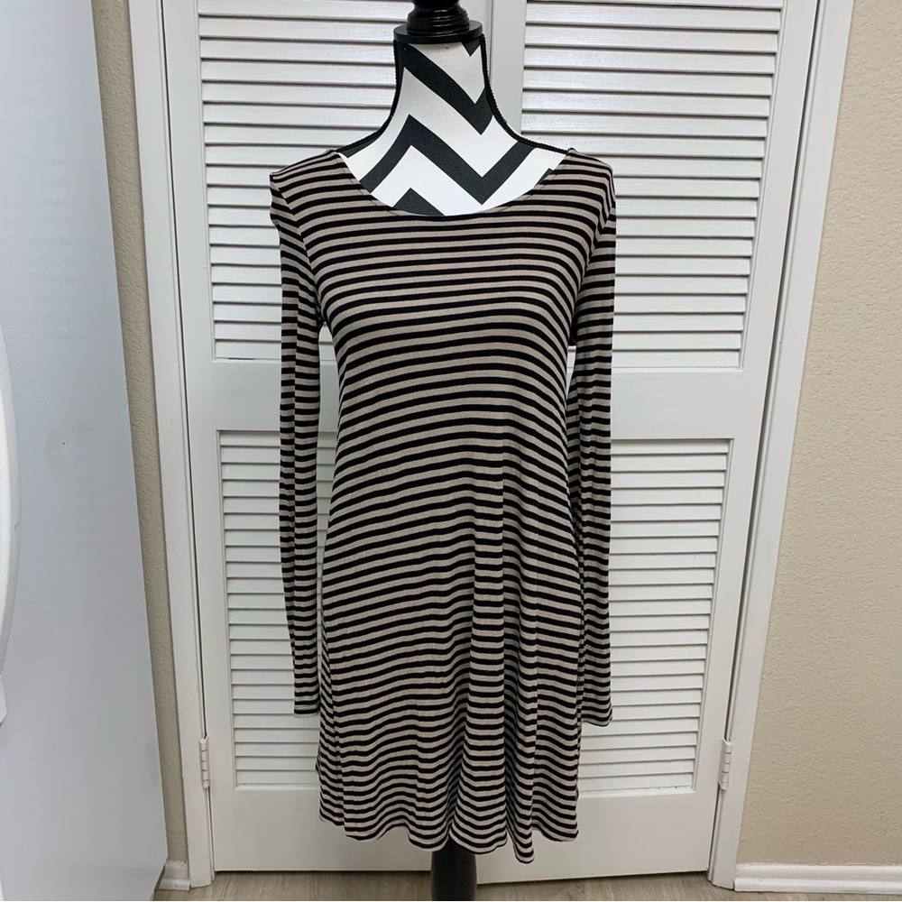 Anthropologie Striped Taupe And Black A-Line Long Sleeve Dress Small